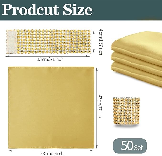 RUDONG M 100 Pcs Gold Satin Napkins and Napkin Rings Set, 17 x 17 Inch Square Cloth Napkins Set of 50, Silky Soft Table Napkins Bulk for Weddings, Banquet, Parties Dinner Decoration