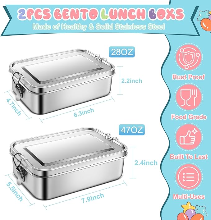 TeamFar Stainless Steel Bento Box, 2 Pack 28oz+47oz Metal Lunch Box with 3 Compartments for Adults Kids, 850ml+1400ML Lunch Food Containers for School/Work/Meal Prep, Leak-Proof & Dishwasher Safe