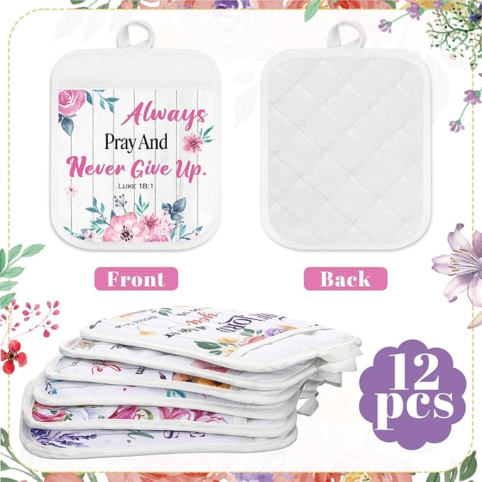 LemonRoad 12 Pcs Mother's Day Church Gifts Bulk Religious Christian Pot Holders with Pocket Mom Gifts Wildflowers Floral Gloves Pads Bible Verse Scripture Oven Mitts for Women Kitchen Baking Supplies