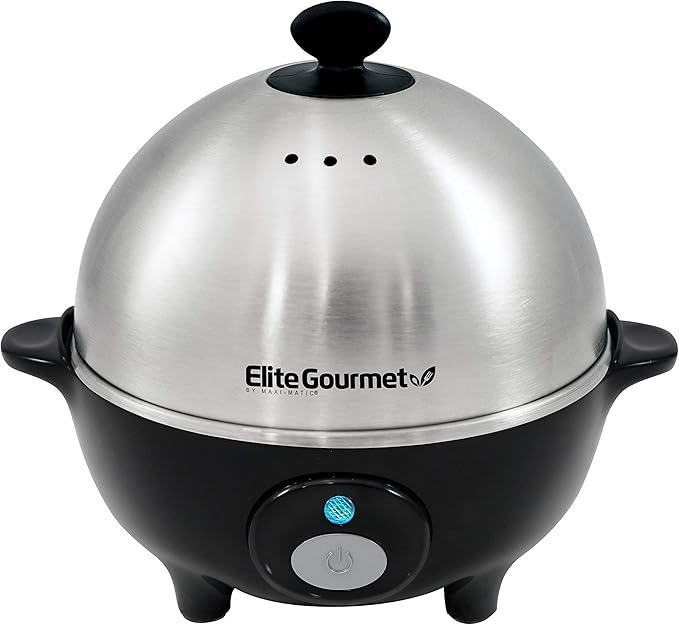Elite Gourmet EGC-508 Rapid Egg Cooker, 7 Easy-To-Peel, Hard, Medium, Soft Boiled Eggs, Poacher, Omelet Maker, Auto Shut-Off, Alarm, 16-Recipe Booklet, Stainless Steel