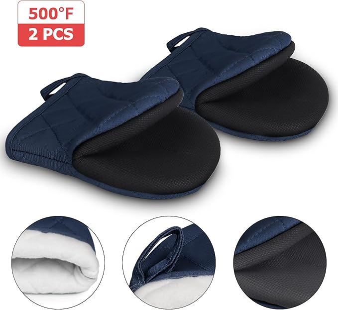 Short Oven Mitts, Heat Resistant 500°F, Silicone Grip Kitchen Gloves, Non-Slip for Baking, Grilling, BBQ, Machine Washable with Hanging Loop, 2-Pack Set, Navy Blue
