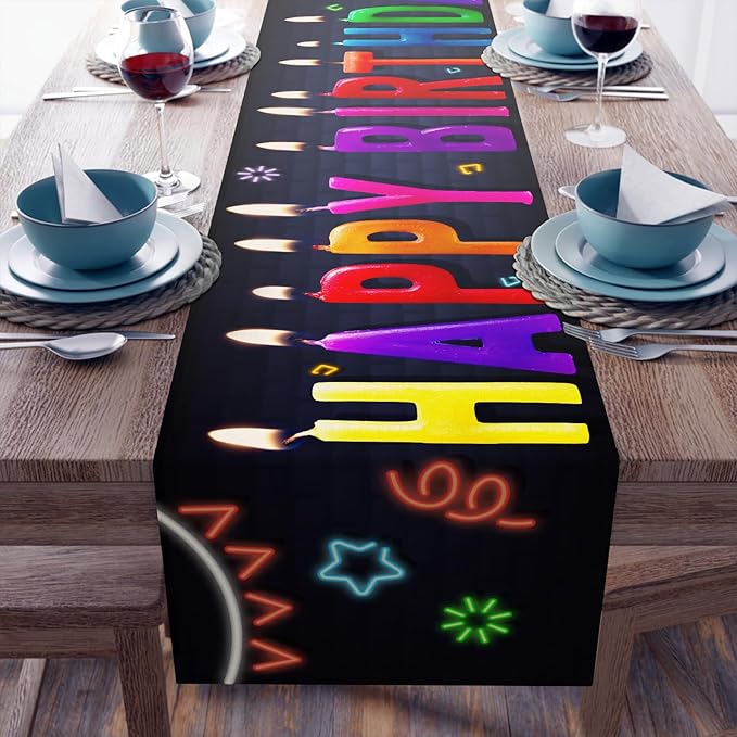 Happy Birthday Table Runner 13x72 Inch Birthday Candle Farmhouse Polyester Linen Table Decoration for Kitchen Dinning, Indoor Outdoor Home Dinner Party (Multi)