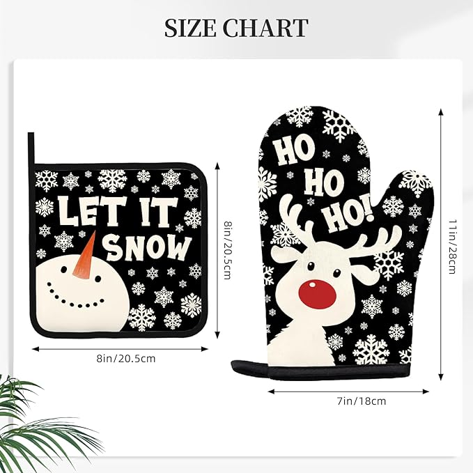 Christmas Snowman Oven Mitts & Pot Holders (3PCS), Cute Deer Snowflake Heat Resistant & Non-Slip Silicone Gloves for Cooking, Baking, BBQ, Christmas Kitchen Decor Gift