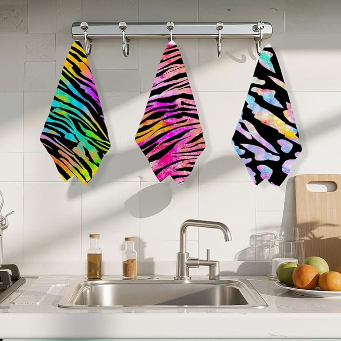 3 Pcs Colorful Zebra Print Kitchen Towels, Charming Decorative Absorbent Microfiber Dish Cloth Tea Towel, Trendy Waffle Soft Hand Towels for Farmhouse Home Bathroom, Housewarming Gifts