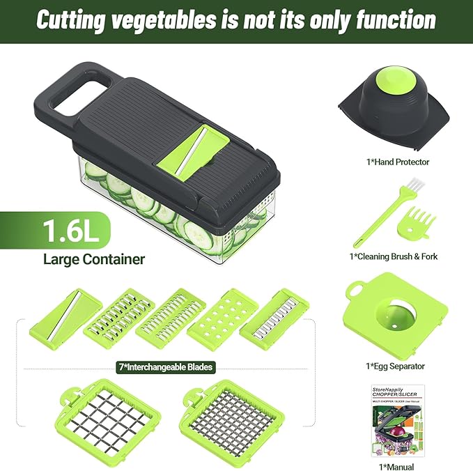 StoreHappily 12-in-1 Vegetable Chopper, 7 Blades Veggie Chopper with Container and Lid, Dicer, Slicer, Multifunctional Kitchen Gadgets, Vegetable Cutter with Handle, Onion Cutter(Green/Grey)