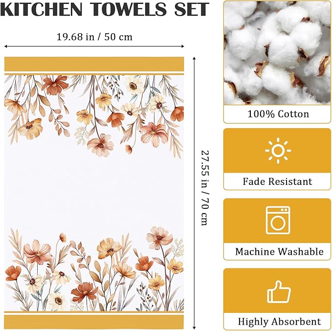 Fall Boho Flower Tea Towels, Cotton Kitchen Towel 18.9 × 27.5 inch, Quick Drying Dish Cloth for Party Anniversary Holiday Decoration Housewarming Gifts