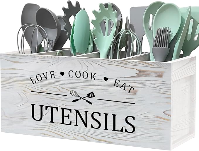 Extra Large Kitchen Utensils Holder with 4 Compartments, Wooden Storage Utensil Holder Organizer for Counter or Countertop, Farmhouse Decor, Rustic Cooking Utensil Kitchen Tool