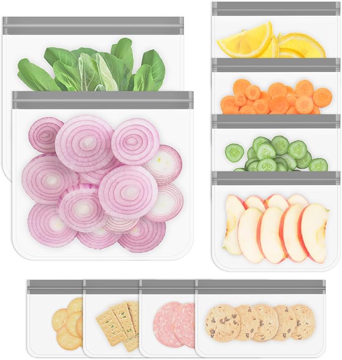 Reusable Gallon Storage Bags, 10 Pack Dishwasher Safe Silicone Food Storage Bags with 3 Sizes for Marinate Meats, Sandwich, Snack, Cereal (grey)