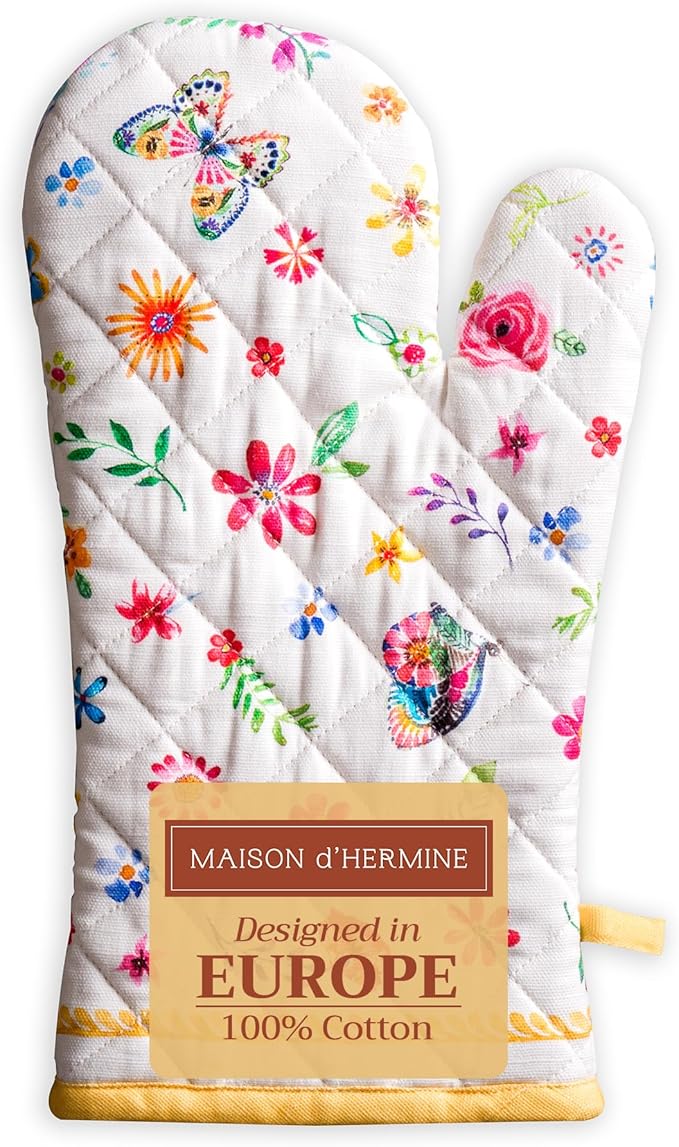 Maison d'Hermine Oven Gloves 100% Cotton Oven Mitt 7" x 13" with Loop Heat Resistant BBQ Cooking Gloves Baking Grilling Gifts for Mothers Day Spring/Summer (Pack of 1, Happy Florals - Sweety)