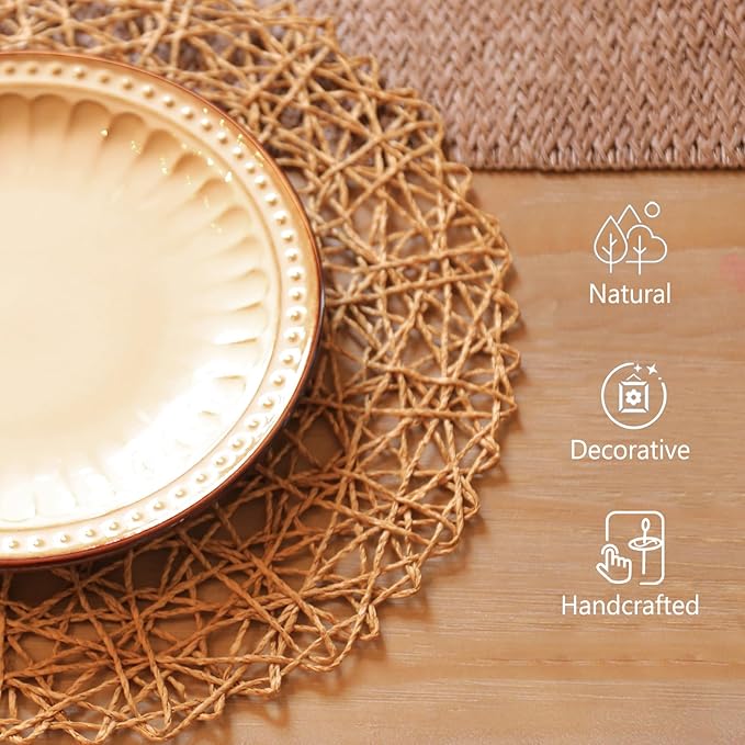 AHHFSMEI Paper Braided Round Placemats Set of 6 Natural Non-Slip Heat Resistant Table Mats for Dining Tables Woven Indoor & Outdoor Place mats(Brown)