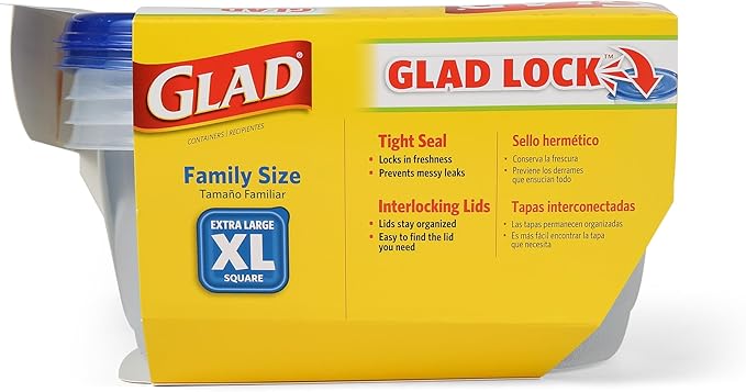 Glad GladWare XL Square Food Storage Containers with Lock Tight Lids, Family Size BPA Free Plastic Containers for Leftovers and Meal Prep, Reusable Dishwasher Safe, 104 Oz, 3 Count