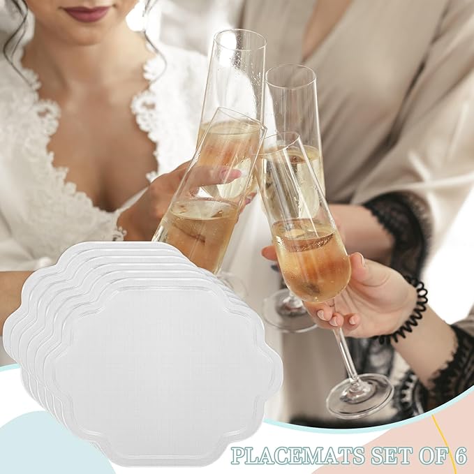 Breling 6 Pcs Wedding Placemats Scalloped Embroidered Cotton Linen Placemats 17" x 13" Double Layered Machine Washable Table Place Mat for Party Table Decor (White)