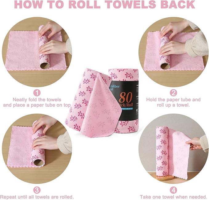 Microfiber Cleaning Cloth Roll,80 Pack Cleaning Towels,Lint Free Rags Paper Towels & Tear Away Reusable Towels,Washable Shop Rags Floral Wipe Cloth,Wash Cloths Dish Rags for Car Kitchen Window