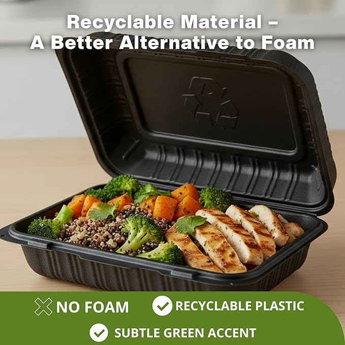 Front Lock MFPP Hinged Container, Black Clamshell Disposable Takeout Boxes, Durable Microwaveable To-Go Containers for Restaurant & Food Service, 9" x 6" – 100 Pack