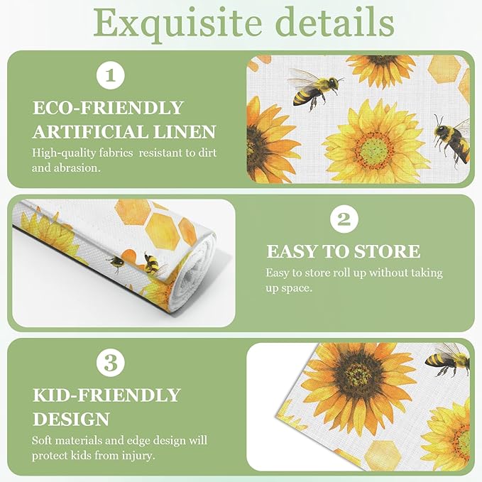 Sunflower Honey Bee Placemats Set of 6, Washable Heat Resistant Table Mat Linen Place Mats for Party Kitchen Dining Home Decor 12x18 Inch
