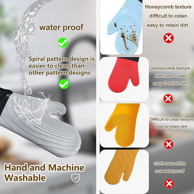 Silicone Oven Mitts-13.6 in Extended Oven Mitts Heat Resistant 500F, Oven Gloves with Soft Liner Good Grippy BPA-Free Easy to Clean Flexible-Oven Mits Set for Cooking Baking Grilling BBQ