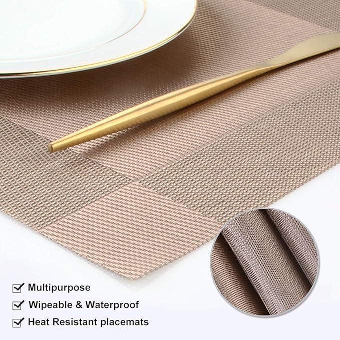 DACHUI Placemats Set of 6, Stylish Woven Place Mats for Dining Table, Washable & Durable PVC Table Mats (Champagne)