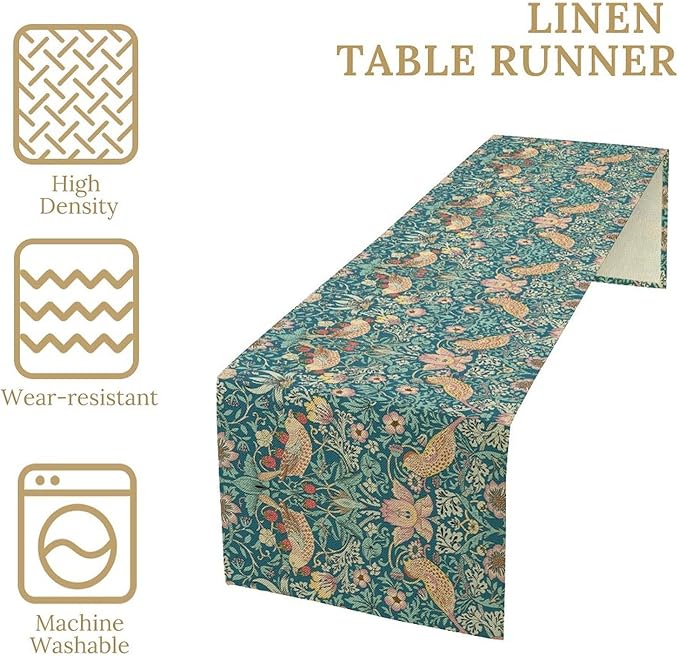 William Morris Floral Table Runner Strawberry Thief Vintage Flower Art Printed Dinner Runner for Home Kitchen Dining Table Living Room Decor Fabric 1 Panel W13xL90in