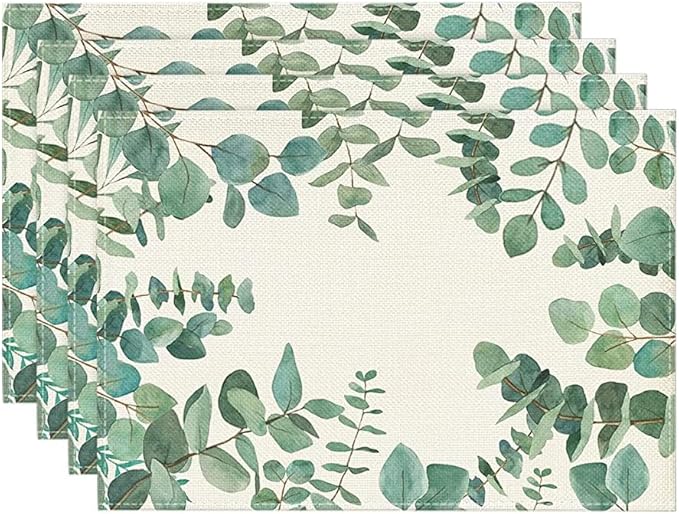 Artoid Mode Eucalyptus Leaves Summer Placemats for Dining Table, 12 x 18 Inch Spring Seasonal Holiday Rustic Vintage Washable Table Mats Set of 4 Green