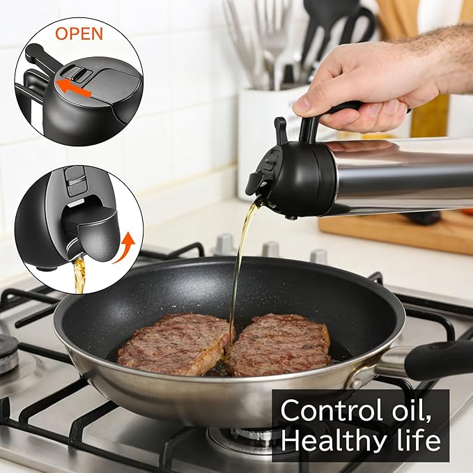 moniko 2-in-1 Oil Dispenser and Oil Sprayer, 16oz/470ml Stainless Steel Olive Oil Sprayer Bottle for Kitchen Cooking, Air Fryer, BBQ, Salad, Baking