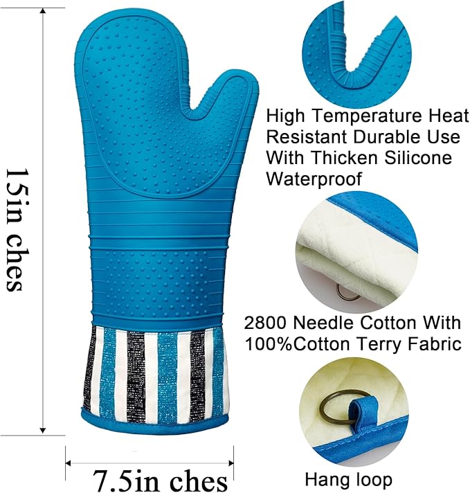 RED LMLDETA Heat Resistant 550 Degree Oven mitt, Silicone Oven Hot Mitts - 1 Pair, Extra Long Professional Baking Oven Gloves - Food Safe,Pot Holders Cooking,Grilling,Kitchen (Navy)