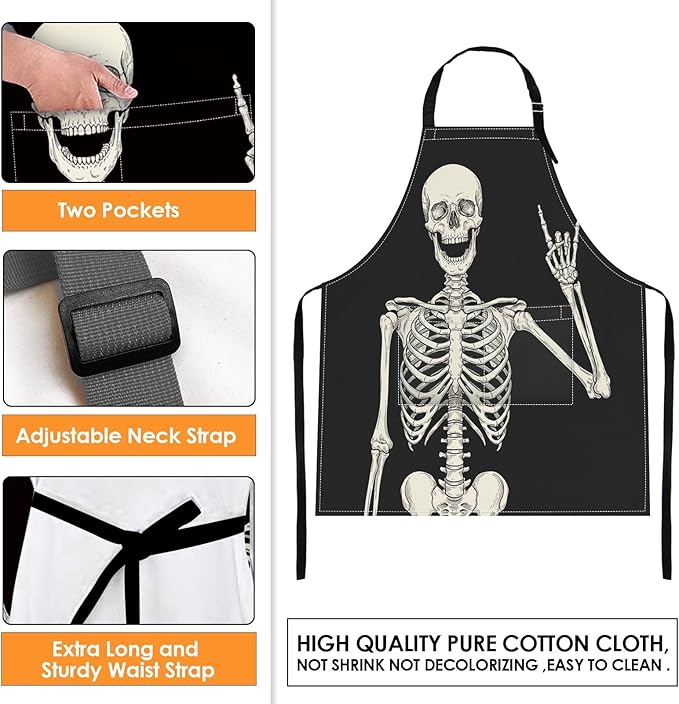 Britimes Skeleton Rock Skull Halloween Apron Home Kitchen Cooking Baking Gardening for Women Men with Pockets 32x28 inch