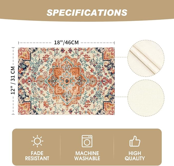 Artoid Mode Boho Placemats Set of 6,12x18 Inch Seasonal Daily Orange Teal Flowers Bohemia Table Mats for Party Kitchen Dining Decoration