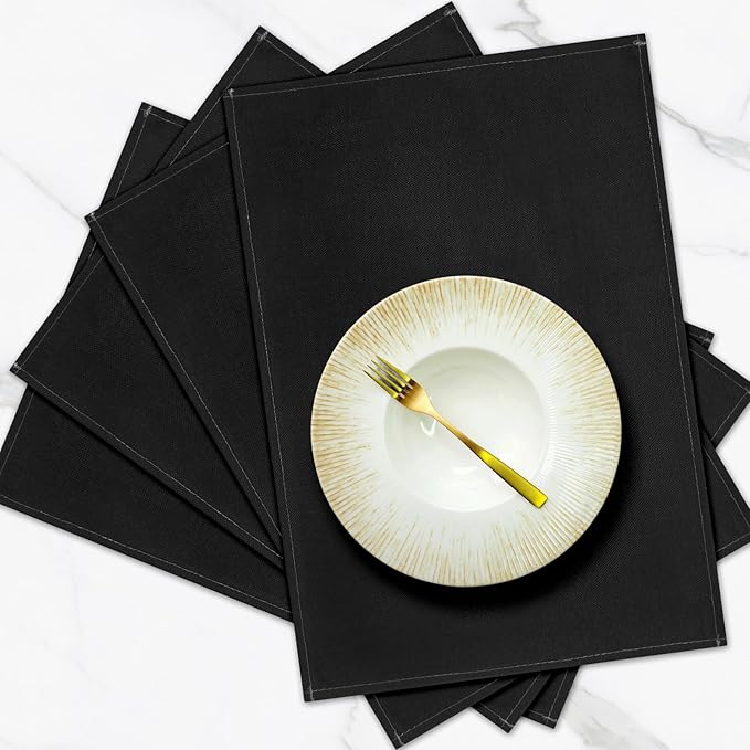 Black Placemats Set of 4, 12x18 Inch Heat-Resistant Washable Easy to Clean Place Mats, Faux Linen Cloth Table Mats Suitable for Indoor/Outdoor Parties & Kitchen Decor (Black)