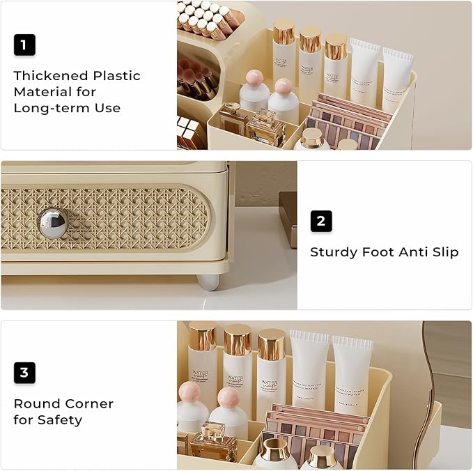 Makeup Organizer for Vanity with Brush Holder, Large Plastic Bathroom Countertop Skincare Organizer with 2 Drawers, Spacious Cosmetic Display Case for Perfumes, Eyeshadow Palettes, Nail Polishes