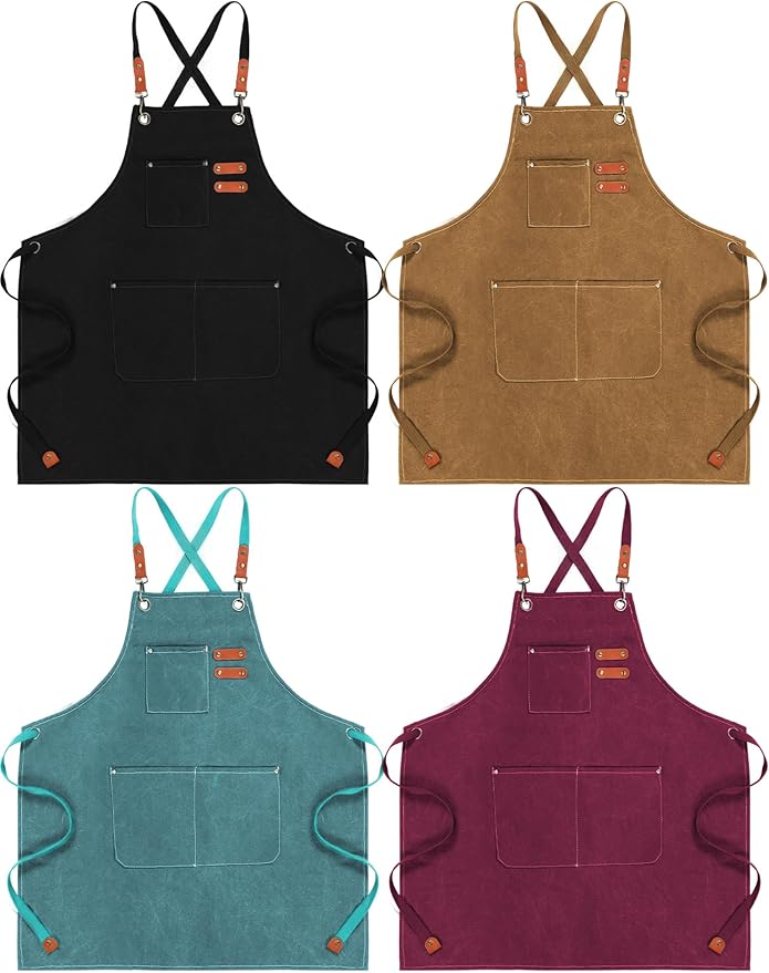 Toulite 4 Pack Canvas Chef Apron for Men with Adjustable Strap Cross Back Cotton Barber Apron with Pocket, 26 x 30''