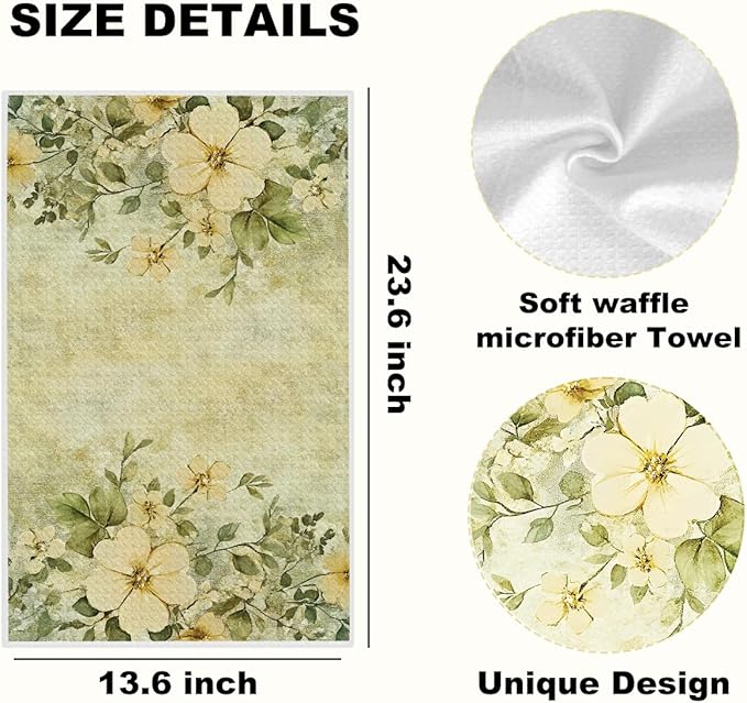 4 Pcs Vintage Butterfly Kitchen Towels, White Floral Decorative Absorbent Microfiber Dish Cloth Tea Towel, Waffle Soft Hand Towels for Farmhouse Home Bathroom, Housewarming Gifts