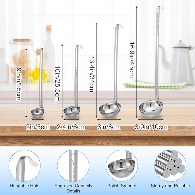8pcs Stainless Steel Soup Ladle for Serving with Long Handles Sturdy Soup Ladle Portion Control Serving Spoons Cooking Servings Ladles for Cooking Stirring Sauce Kitchen Home Accessories Restaurant
