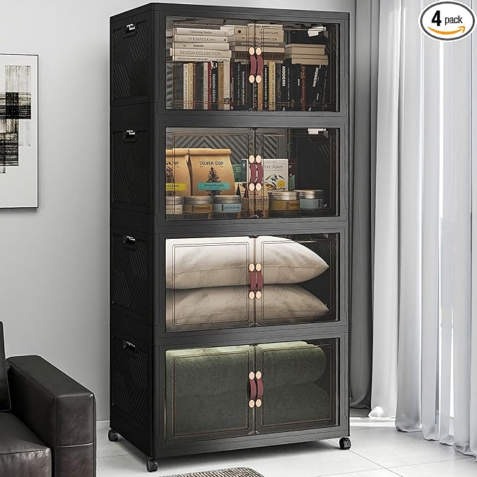 UAMFURI Stackable Storage Bins with Lids, 720QT Lockable Storage Cabinet, Foldable Storage Box with Doors and Wheels, Plastic Drawers for Home, Garage, Office (4, Black, Extra Large)