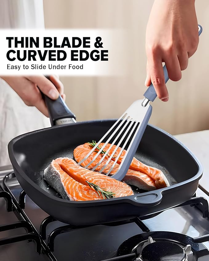 Fish Spatula Turner, Thin Slotted Spatulas for Nonstick Cookware,Silicone Edge Heat Resistant Kitchen Flipper for Fish, Egg, Pancake(Stainless Steel, 2Pack)