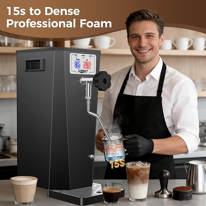 Commercial Steam Milk Frother,1.6Bar 15s Fast Frothing,1500W 6L Boiler for Continuous Use, Temp Probe, Triple Safety, 2-in-1 Hot Water&Steam with LED Display for Coffee Shops,Hotel& Restaurant