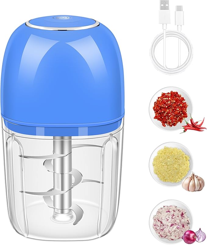 Electric Garlic Chopper, 450ML (1.8 Cup) Blue Mini Food Processor, Mini Chopper, Small Garlic Grinder Mincer for Onion, Ginger, Chili, Fruit, Meat