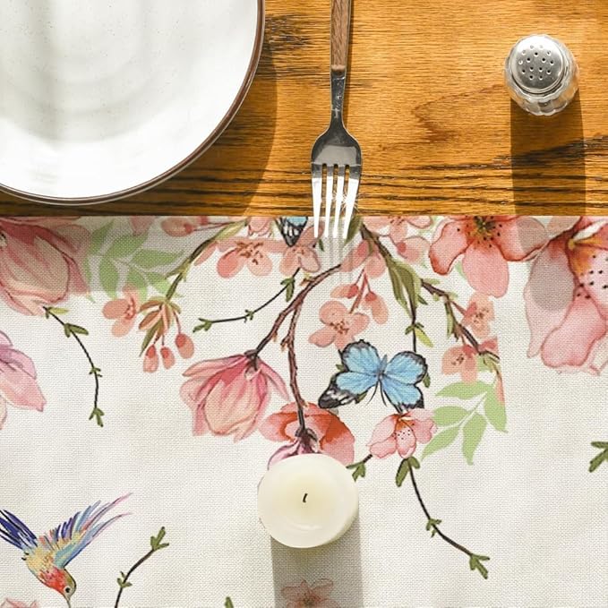 Artoid Mode Flowers Bird Butterfly Spring Table Runner, Seasonal Kitchen Dining Table Decoration for Home Party Decor 13x72 Inch