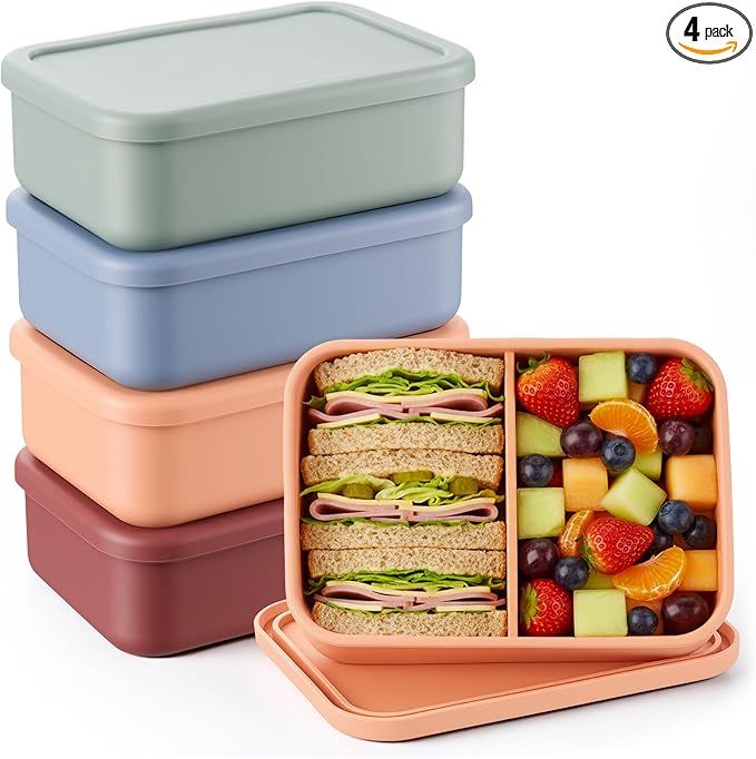 Layhit 4 Pcs Silicone Bento Box for Adults, 27 oz Bento Lunch Container Reusable 2 Compartment Lunchable Food Container for Women Men, Leak Proof Microwave Dishwasher Freezer Safe (Dark Colors)