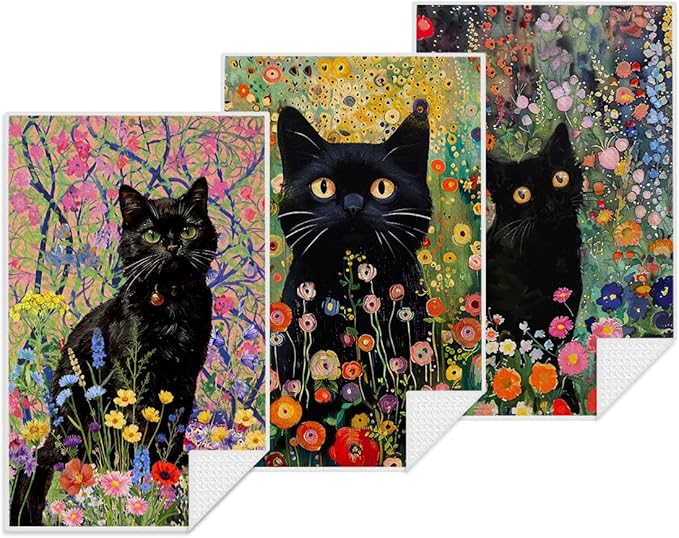 3Pcs Cute Cat Kitchen Towels 24x14 Inch, Floral Microfiber Dish Towels for Kitchen Bathroom Farmhouse Decor, Waffle Weave Absorbent Dish Cloth Tea Towel, Cat Lover Gifts for Women Mom Family Grandma