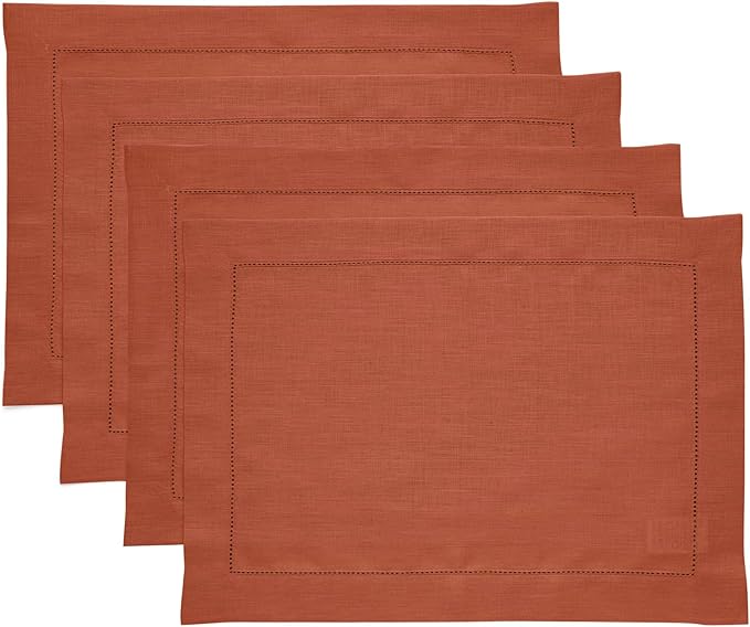Solino Home Linen Placemats Set of 4 - Classic Hemstitch Cinnamon Placemats 14 x 19 Inch - 100% Pure Linen Table Mats for Mothers Day