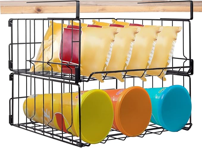 Under Shelf Storage Baskets, Foldable Carbon Steel Under Cabinet Basket for Kitchen Cabinets Pantries Bookshelves Desk, Space-Saving Storage Solution (Black, 2 Pack)