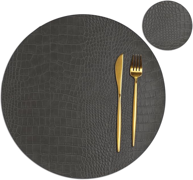 Round Leather Placemats for Round Tables Set of 8, Gray Table Place Mats and Coasters, Washable Easy to Care for Indoor Decor 13" Diameter