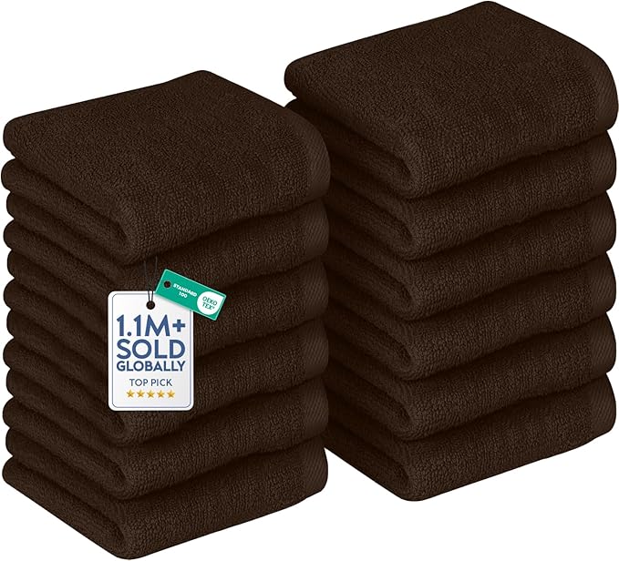 DAN RIVER 12 Pack Wash Cloths for Showering [12x12] - 100% Cotton Washcloths Premium Quality Flannel Face Cloths for Bathroom, Highly Absorbent and Soft Feel Wash Clothes, Brown