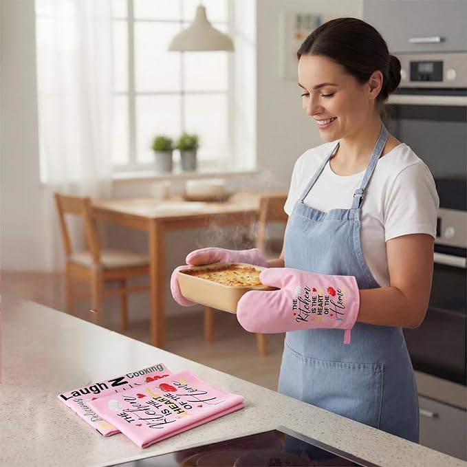 Leinuosen 8 Pcs Kitchen Towels and Oven Mitts Sets Pot Holders Dishcloths Set Kitchen Decorative Accessories Absorbent Potholders Heat Resistant for Chef Baking Cooking(Pink,Food)