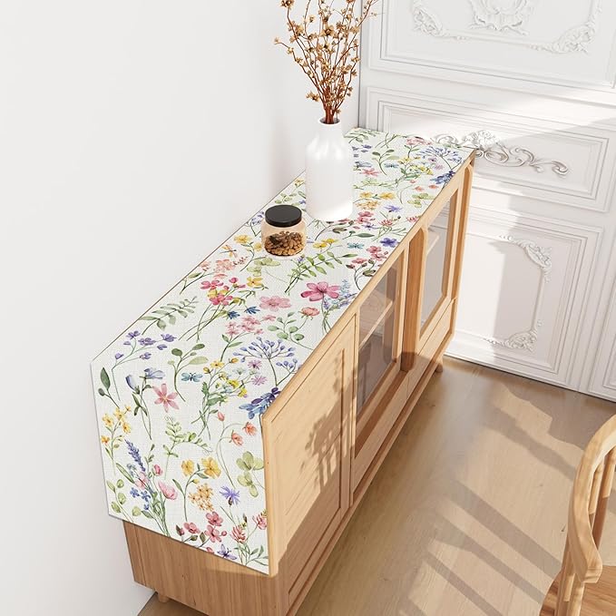 Watercolor Flowers Spring Table Runner Farmhouse Spring Summer Easter Flower Floral Home Kitchen Dining Room Table Decorations 13x90 Inch
