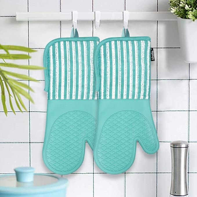 Alselo Silicone Oven Mitts Heat Resistant 932℉ with Waterproof & Non-Slip Kitchen Mittens, Set of 2 Extra Long Oven Gloves with Soft Cotton Terry Lining for Baking Cooking Barbecue