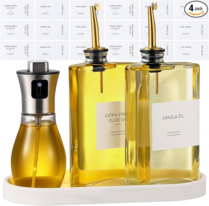Hushee 2 Pcs 350ml Olive Oil Dispenser Bottle for Kitchen & 1 PC 200ml Oil Sprayer for Cooking with Silicone Funnel, Tray, Stickers, Coffee Syrup Dispenser for Soy Sauce Salad Air Fryers
