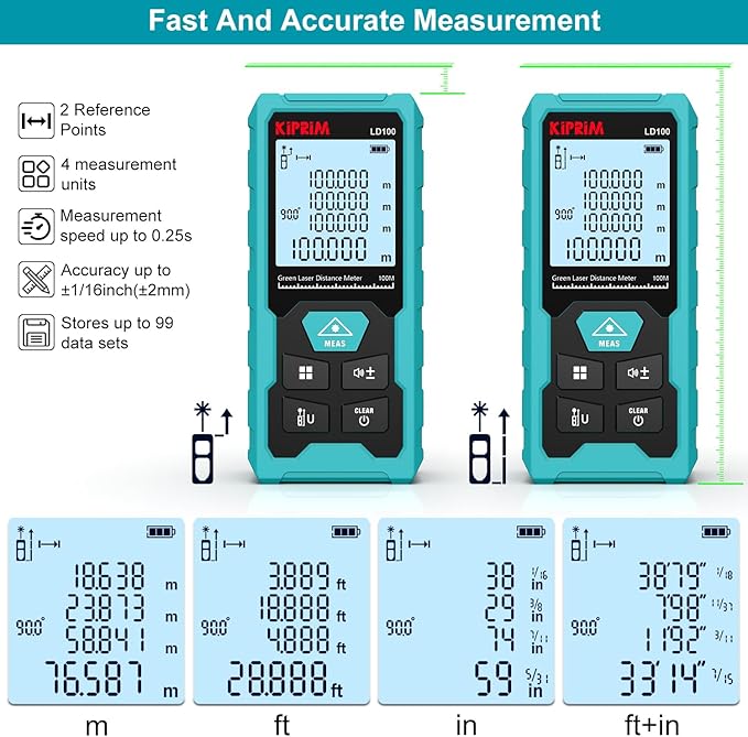 Kiprim Green Laser Distance Meter, 328ft Measuring Tool with USB Type-C Rechargeable Battery, ±1/16" Accuracy, Electronic Level, 10 Modes, Class II Laser, Reflector Plate LD100