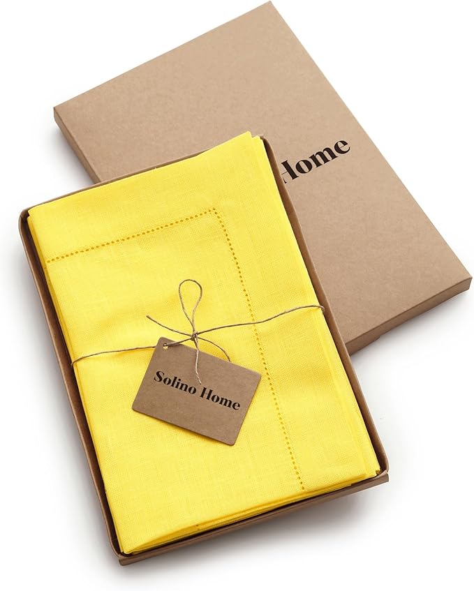 Solino Home Sunshine Yellow Linen Napkins Set of 4-100% Pure Linen Hemstitch Dinner Napkins 20 x 20 Inch for Spring, Summer, Mothers Day - Classic Hemstitch
