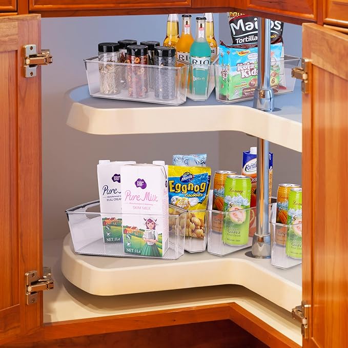 URALFA Lazy Susan Organizers Set of 8, 10"x 9.5"x 4" Corner Cabinet Organizer, Plastic Transparent Kitchen Cabinet Storage Bins with Handle, 4" Deep Container, 1/8 Wedge - Food Safe, BPA Free